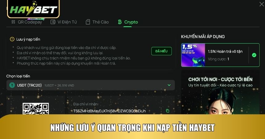 Lưu ý cần lưu ý khi thực hiện nạp tiền tại Haybet